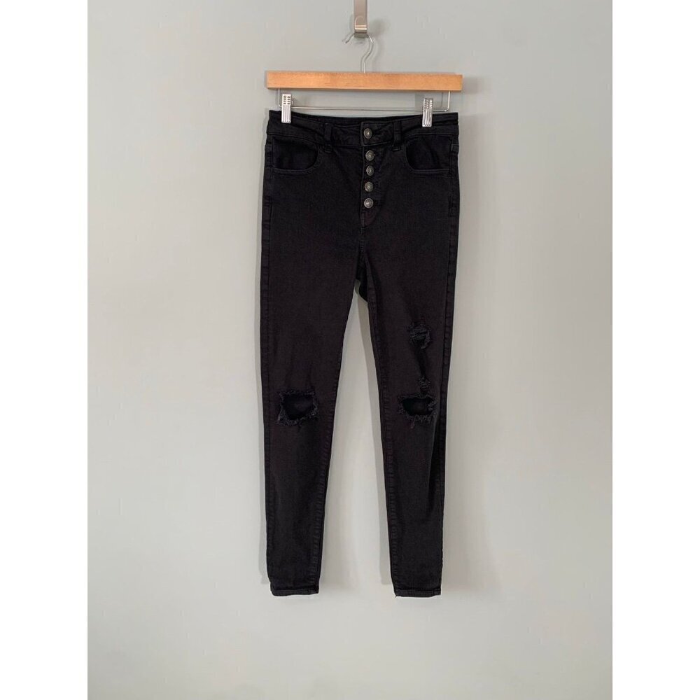 American Eagle Super Hi-Rise Jegging Black Distressed Button Fly Jeans Size‎ 4